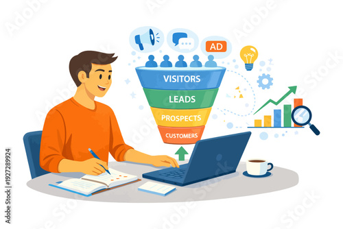 Young hispanic male analyzing sales funnel and business growth on laptop.