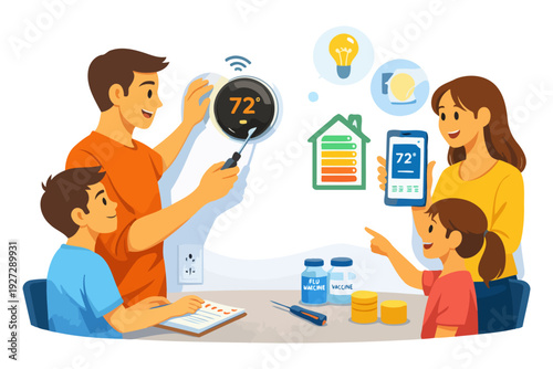Family adjusting smart thermostat for energy efficiency and home comfort.