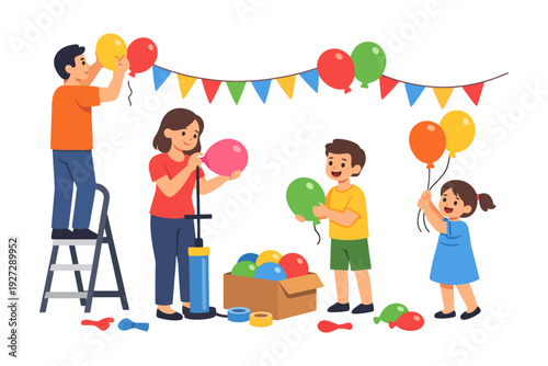 Family decorating party with balloons and banners.