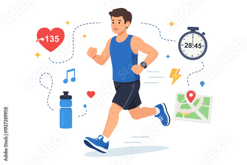 Young caucasian male running workout with fitness tracker and music.