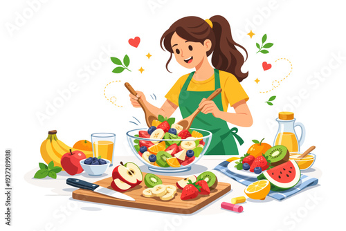 Young caucasian female preparing colorful fruit salad with fresh ingredients and joyful expression.
