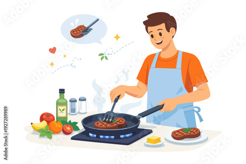 Young adult caucasian male cooking steak in kitchen with fresh ingredients and kitchen utensils.