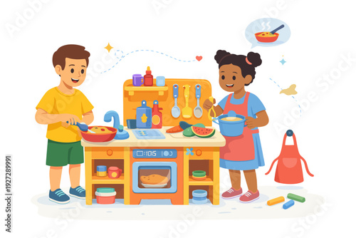 Two diverse children cooking together in play kitchen.