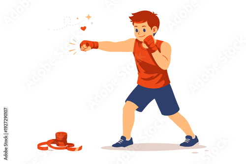 Young caucasian male teen practicing boxing punches with wraps.