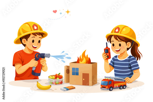 Young children play with toy firefighter set pretending to extinguish flames.