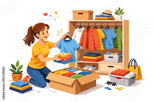 Young caucasian female organizing wardrobe with colorful clothes in room.