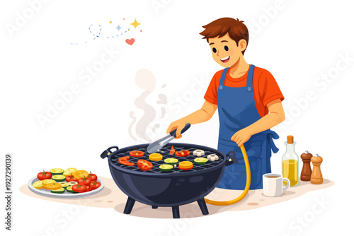 Young caucasian male grilling vegetables outdoors with happiness and skill.
