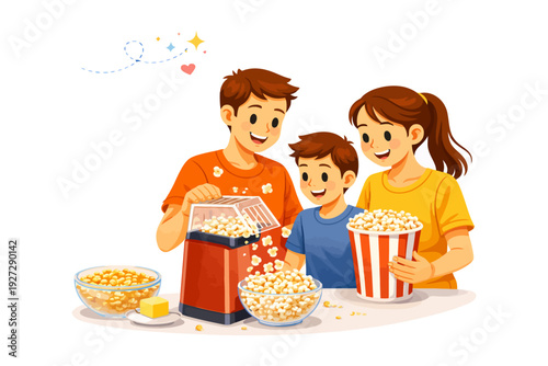 Happy family popcorn time: parents and child enjoying homemade snack together.
