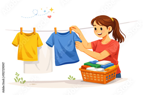 Young caucasian woman hanging laundry outdoors with basket of clothes.