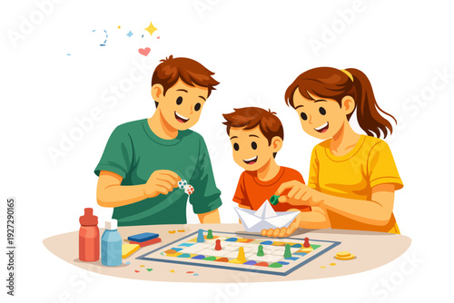 Family game night with caucasian parents and child playing board game together.