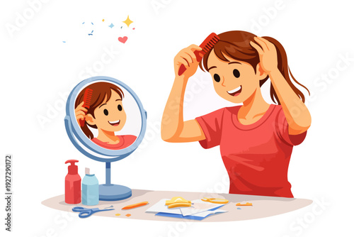 Young asian female combing hair in front of mirror with hair products on table.