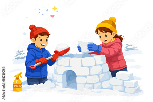 Children building snow igloo in winter landscape with playful expressions.