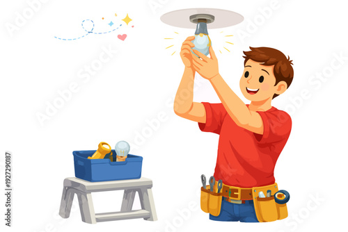 Young caucasian male fixing ceiling light with toolkit in hand.