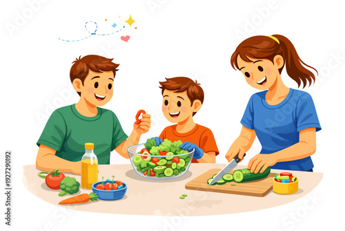 Family preparing healthy salad together in bright kitchen setting.