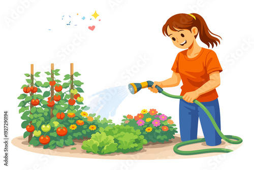 Young caucasian female watering garden with hose in vegetable patch.