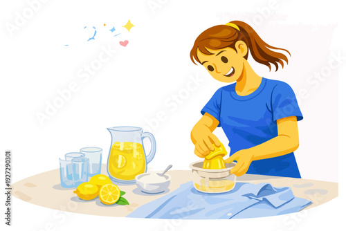 Young caucasian female preparing fresh lemonade in blue shirt.