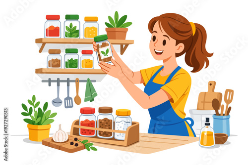 Caucasian female young adult organizing kitchen spices and herbs with plants.