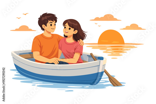 Young couple boating at sunset in calm waters with orange sky.
