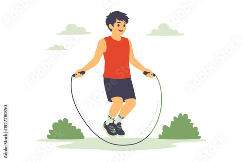 Young asian male jump roping outdoors in red vest fitness exercise.