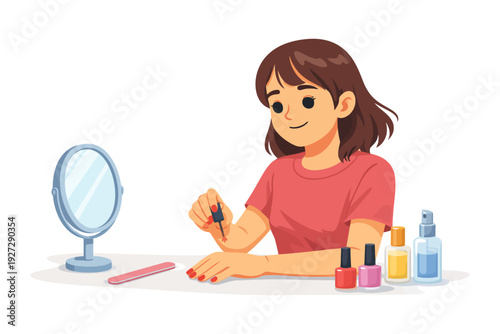 Young caucasian female painting nails at table with beauty supplies.