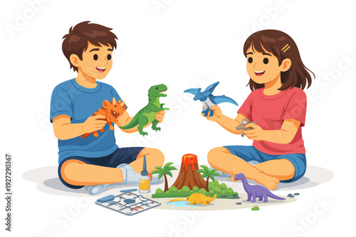 Children playing with dinosaur toys and volcano model indoor activity.
