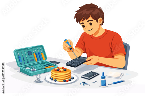 Young male repairing smartphone at home desk with toolkit and pancakes.