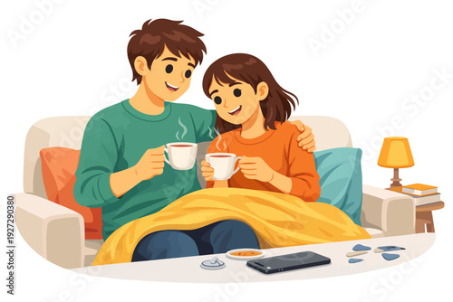 Young couple enjoying coffee together on a cozy couch.