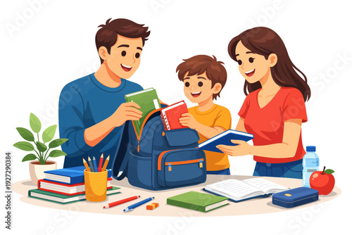 Happy family packing school backpack: caucasian parents and child organizing supplies.