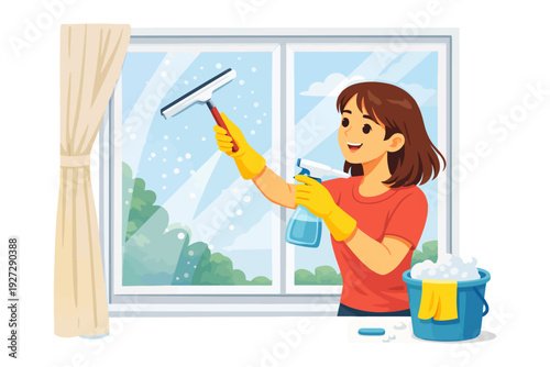 Young caucasian female cleaning window with squeegee and detergent.