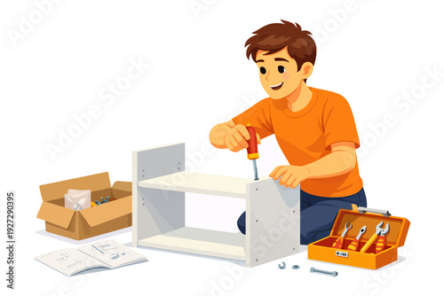 Young caucasian male assembling bookshelf with tools and instructions.