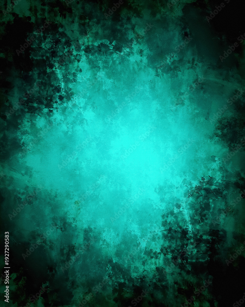 Obraz premium High-contrast teal and emerald green grunge texture background. Glowing cyan center radiates into rough, painterly sponged acrylic with dark blackened edges, moody abstract effect, neon cyberpunk wall