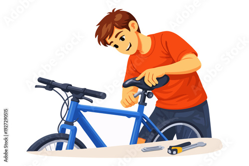 Young caucasian male adjusting bicycle seat with tools on white background.
