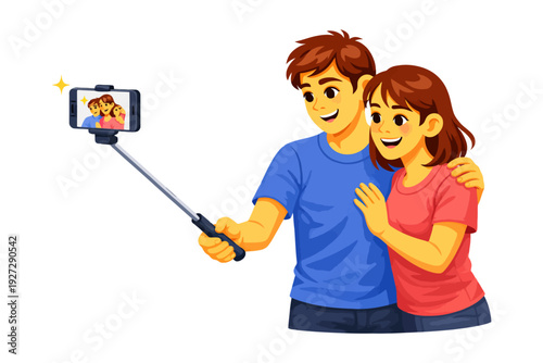 Happy young caucasian couple taking selfie with smartphone on selfie stick.