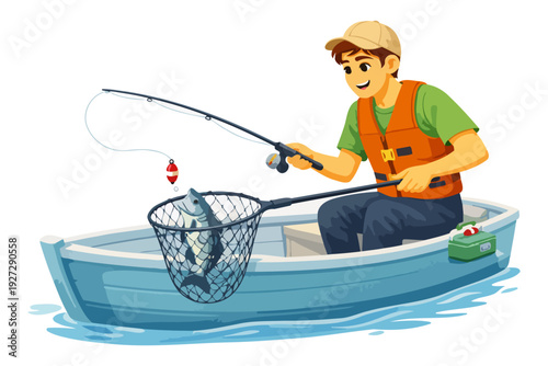 Young caucasian male fishing in boat with catch in net on lake.
