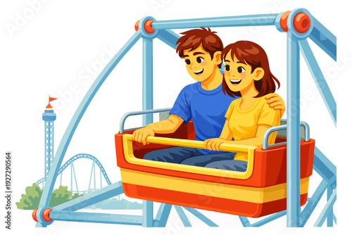 Young caucasian couple enjoying ferris wheel ride at amusement park.
