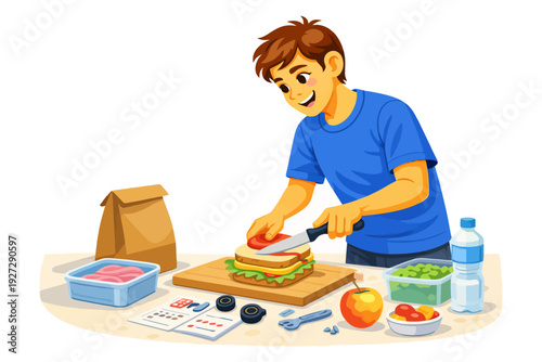 Young male preparing sandwich in kitchen with lunchbox and healthy ingredients.