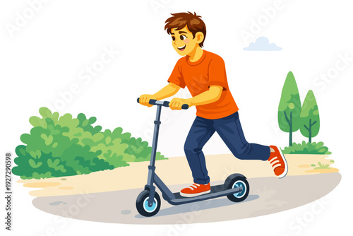Young caucasian male child riding scooter in park.