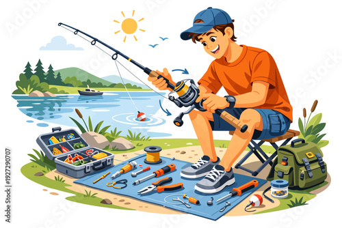 Young caucasian male fishing by lake with tackle box and gear on sunny day.