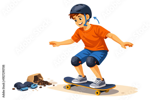 Young caucasian male skateboarding with protective gear.