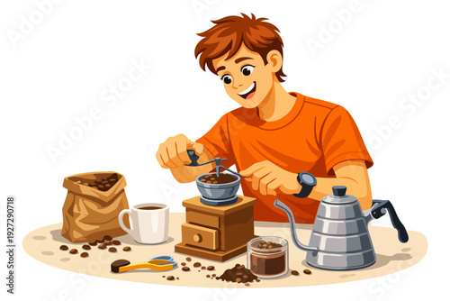 Young male preparing fresh coffee with grinder and kettle.