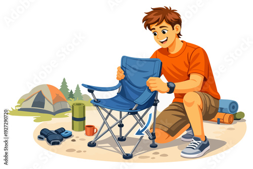 Young caucasian male setting up camping chair with camping gear.