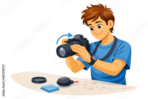 Young caucasian male photographer adjusting camera settings.