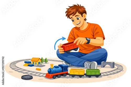 Young caucasian male child playing with toy train set on circular track with accessories.
