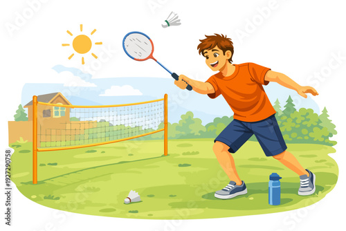 Young caucasian male playing badminton outdoors on a sunny day.