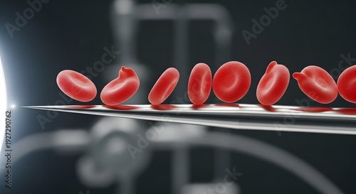 Close-up of red blood cells moving along a microscopic needle, illustrating medical research and healthcare concepts