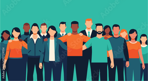 A diverse group of men and women from various backgrounds standing together, symbolizing unity, teamwork, and community spirit.