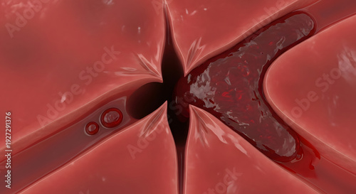 Detailed illustration of a ruptured blood vessel, with blood spilling into surrounding tissue, illustrating internal bleeding, vascular injury, and medical pathology