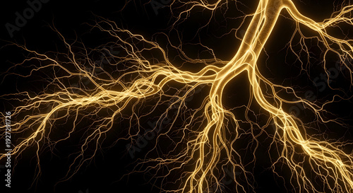 Dynamic abstract golden light streaks form an intricate branching network against a dark background, symbolizing raw power, neural connections, and rapid energetic growth