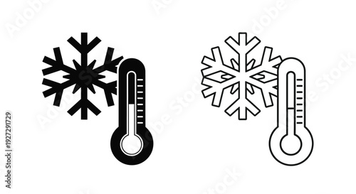 Snowflake and thermometer icons contrasting black and white silhouette