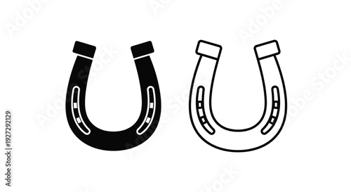 Two depictions of a horseshoe one filled and one outlined silhouette